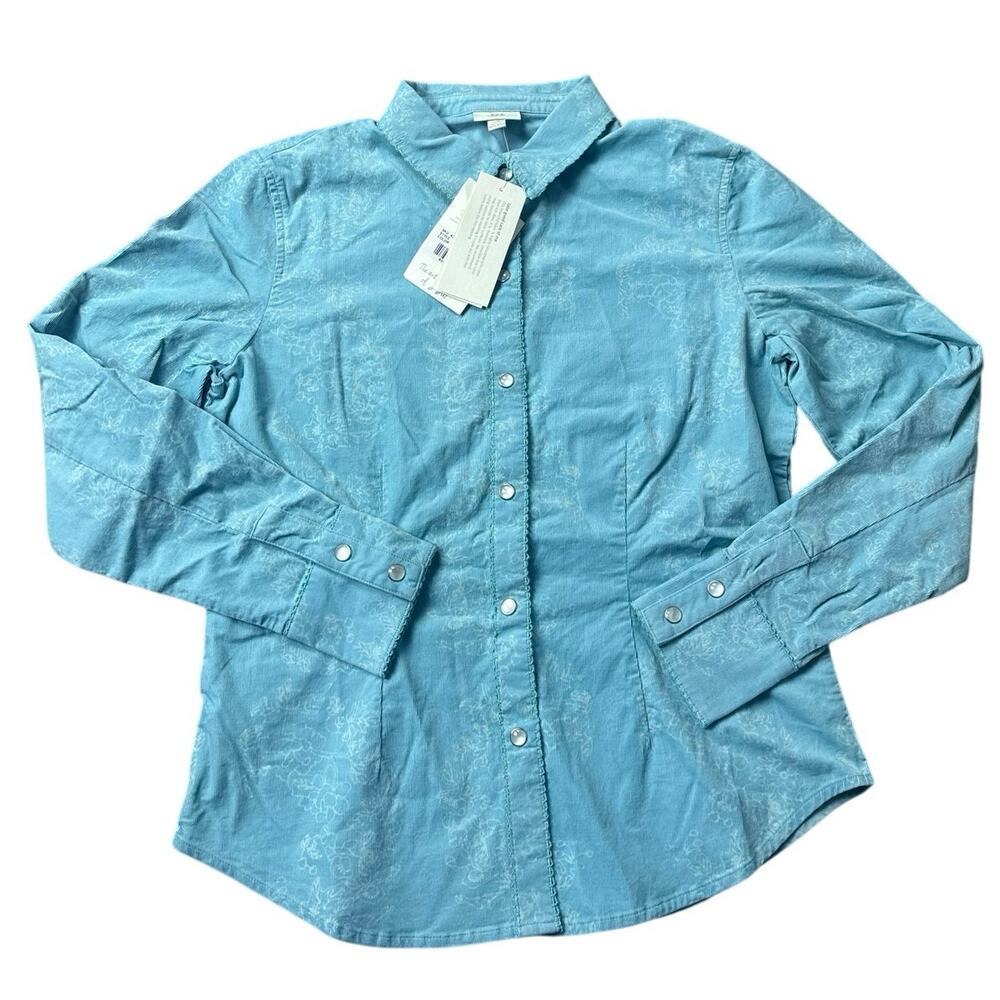 Jill Soft Turquoise Corduroy Shirt Blouse XS NWT Floral Accent Button Up